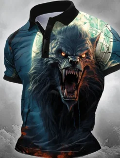Halloween Men's Wolf Polo Short Sleeve Polo Shirts Collared Shirts Casual Horror Dark Outdoor Athleisure Festival Outfit 3D Print Buttons Summer Black Blue