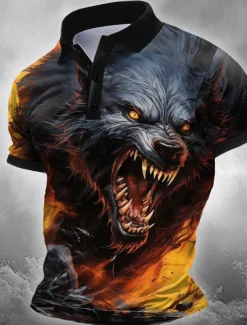 Halloween Men's Wolf Polo Short Sleeve Polo Shirts Collared Shirts Casual Horror Dark Outdoor Athleisure Festival Outfit 3D Print Buttons Summer Black Blue