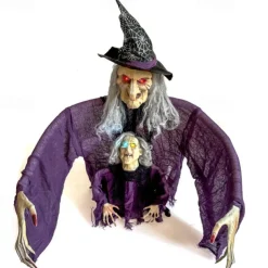 Halloween New Arrival Parent and Child Witch Figurine Set with Ground Plug and Glowing Little Witch for Garden Atmosphere Decoration