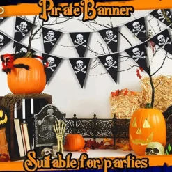 Halloween Pirate Banner Skull Pirate Flag Pirate Decorations Pirate Ship Pennant Bunting Decor for Wedding Celebration Decor Outdoor Party Supplies 5M