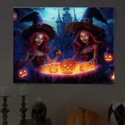 Halloween Pumpkin and Haunted Castle LED Canvas Wall Art - Battery Operated Lighted Wall Decor for 2025 Halloween home decoration light livingroom and bedroom