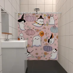Halloween Pumpkin Candy Shower Curtain Modern Machine Washable Waterproof Polyester Fabric Used for Bathroom Decoration Bathtub with 12 Hooks
