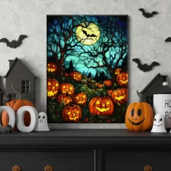 Halloween Pumpkin Clock Night Scene LED Canvas Wall Art - Battery Operated Lighted Wall Decor for 2025 Halloween home decoration light livingroom and bedroom