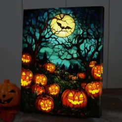 Halloween Pumpkin Clock Night Scene LED Canvas Wall Art - Battery Operated Lighted Wall Decor for 2025 Halloween home decoration light livingroom and bedroom