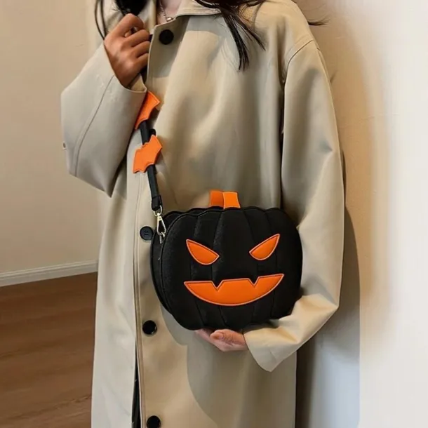 Halloween Pumpkin Crossbody Bag – 3D Jack-O'-Lantern Shoulder Purse with Bat Detail for Women and Kids, Trick-or-Treat Party Accessory