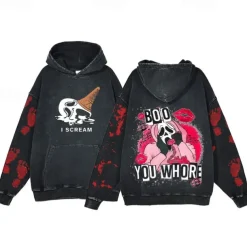 Halloween Scream Ghostface Skull Skeleton Hoodie Oversized Acid Washed Tee Print Front Pocket Graphic For Couple's Men's Women's Adults' Masquerade Hot Stamping Casual Daily