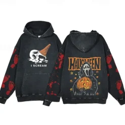 Halloween Scream Ghostface Skull Skeleton Hoodie Oversized Acid Washed Tee Print Front Pocket Graphic For Couple's Men's Women's Adults' Masquerade Hot Stamping Casual Daily