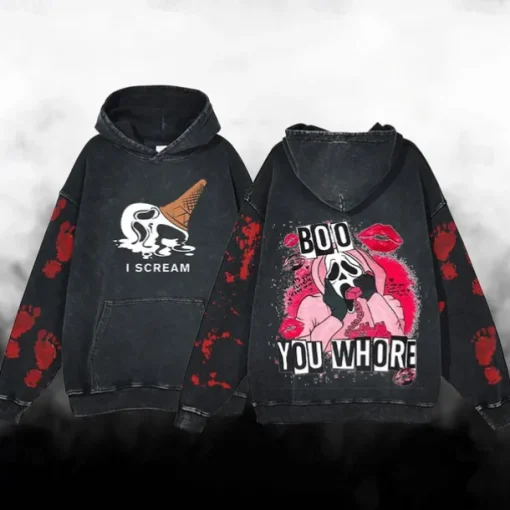Halloween Scream Ghostface Skull Skeleton Hoodie Oversized Acid Washed Tee Print Front Pocket Graphic For Couple's Men's Women's Adults' Masquerade Hot Stamping Casual Daily