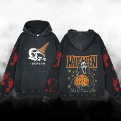 Halloween Scream Ghostface Skull Skeleton Hoodie Oversized Acid Washed Tee Print Front Pocket Graphic For Couple's Men's Women's Adults' Masquerade Hot Stamping Casual Daily