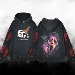 Halloween Scream Ghostface Skull Skeleton Hoodie Oversized Acid Washed Tee Print Front Pocket Graphic For Couple's Men's Women's Adults' Masquerade Hot Stamping Casual Daily