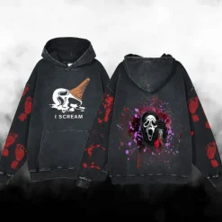 Halloween Scream Ghostface Skull Skeleton Hoodie Oversized Acid Washed Tee Print Front Pocket Graphic For Couple's Men's Women's Adults' Masquerade Hot Stamping Casual Daily