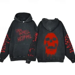 Halloween Scream Skull Skeleton Hoodie Oversized Acid Washed Tee Print Front Pocket Graphic For Couple's Men's Women's Adults' Masquerade Hot Stamping Casual Daily