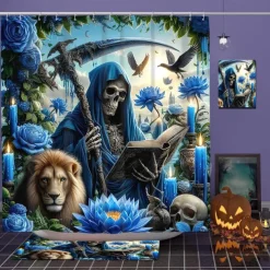 Halloween Shower Curtain with Hooks for Bathroom Shower Curtain Bathroom Decor Set Polyester Waterproof 12 Pack Plastic Hooks Skull Heads