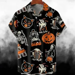 Halloween Skeleton Skull Pumpkin Hawaiian Shirts Aloha Shirt Print Shirt For Men's Adults' 3D Print Vacation Party Halloween
