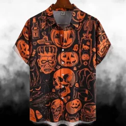 Halloween Skeleton Skull Pumpkin Hawaiian Shirts Aloha Shirt Print Shirt For Men's Adults' 3D Print Vacation Party Halloween