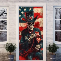Halloween Skull Door Decorations Door Covers 4th of July Patriotic Independence Day Backdrop Indoor/Outdoor Door Banner for Front Door Farmhouse