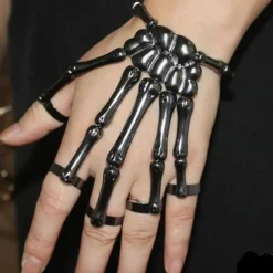 Halloween Skull Skeleton Hand Bracelet with Finger Ring Chain Gothic Bone Joint Jewelry Accessory Gift