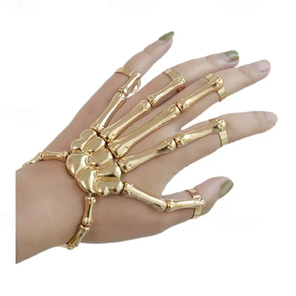 Halloween Skull Skeleton Hand Bracelet with Finger Ring Chain Gothic Bone Joint Jewelry Accessory Gift