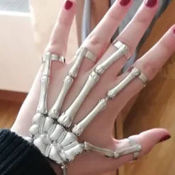 Halloween Skull Skeleton Hand Bracelet with Finger Ring Chain Gothic Bone Joint Jewelry Accessory Gift