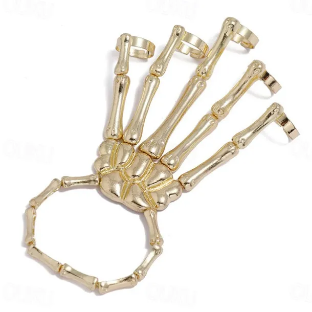 Halloween Skull Skeleton Hand Bracelet with Finger Ring Chain Gothic Bone Joint Jewelry Accessory Gift