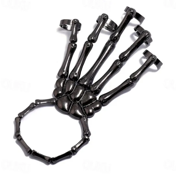 Halloween Skull Skeleton Hand Bracelet with Finger Ring Chain Gothic Bone Joint Jewelry Accessory Gift
