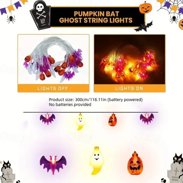 Halloween String Lights Lighted Ghost Pumpkin Bat Lights 3m 20LEDs Battery Powered Ghost Festival Party Garden Home Decoration Balcony Haunted House Bar Hanging Lights