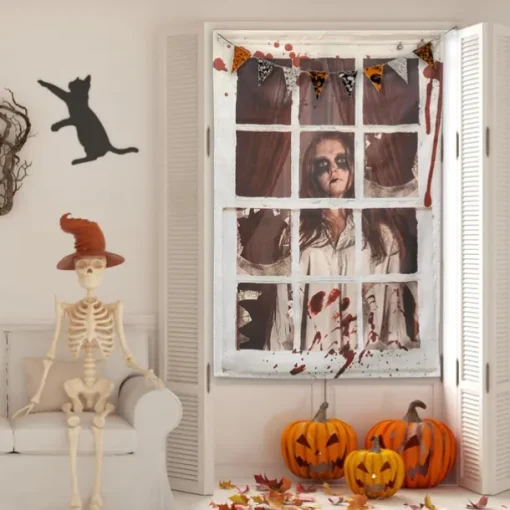 Halloween Window Cover Decorations, Fabric Bloody Hand Creepy Halloween Curtain Horror Movie Poster Window Door Covering Decor for Haunted House, Scary Halloween Window Clings Decals Indoor Outdoor