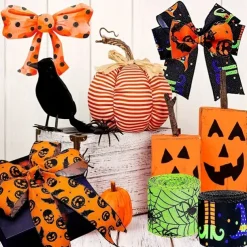 Halloween Wired Edge Ribbon 4 Rolls Bat Spider Pumpkin Printed Ribbon Witch Legs Hat Dot Grosgrain Ribbons for Halloween Home Wreath DIY Craft Floral Bow