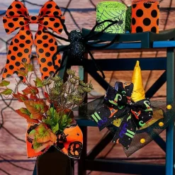 Halloween Wired Edge Ribbon 4 Rolls Bat Spider Pumpkin Printed Ribbon Witch Legs Hat Dot Grosgrain Ribbons for Halloween Home Wreath DIY Craft Floral Bow