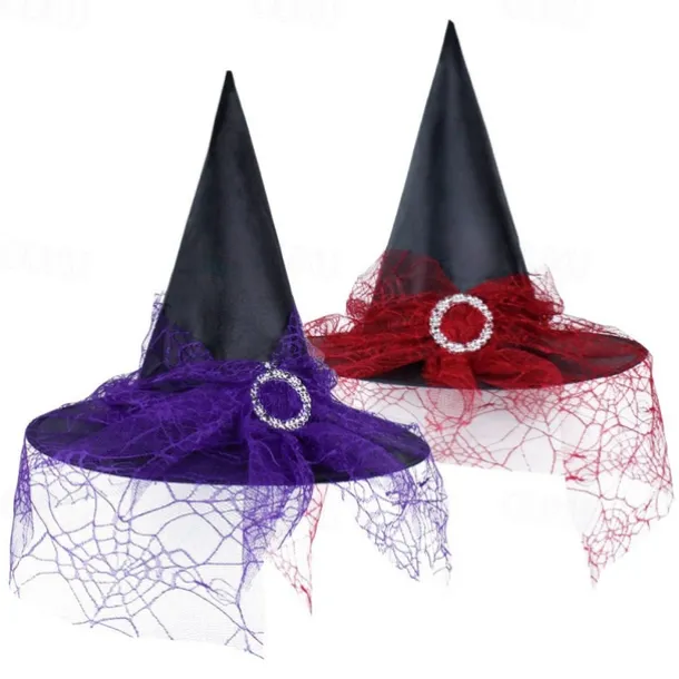 Halloween Witch Hat With Spider Web Veil Women's Costume Party Hat Wizard Hat Magician Halloween Headdress Party Hat Halloween Hat Witch Decoration Props Adult Children Cosplay Witch Gauze Headdress