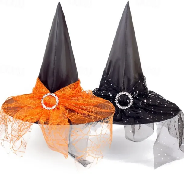 Halloween Witch Hat With Spider Web Veil Women's Costume Party Hat Wizard Hat Magician Halloween Headdress Party Hat Halloween Hat Witch Decoration Props Adult Children Cosplay Witch Gauze Headdress