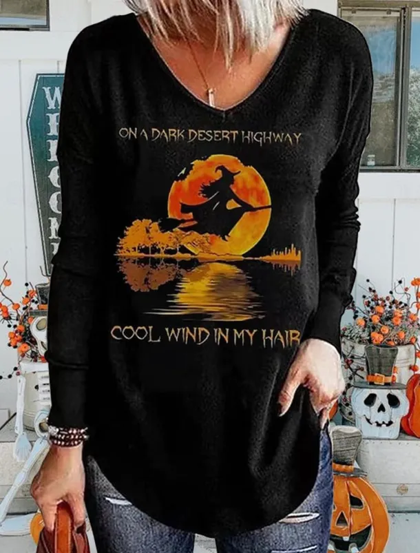 Halloween Women's T shirt Long Sleeve V Neck Long Sleeve Tunic Tee Black Blue Green Letter Ghost Print Basic Regular Loose Fit S Prefall