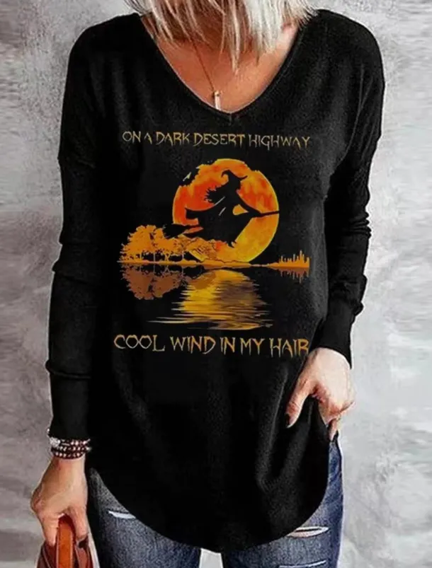 Halloween Women's T shirt Long Sleeve V Neck Long Sleeve Tunic Tee Black Blue Green Letter Ghost Print Basic Regular Loose Fit S Prefall