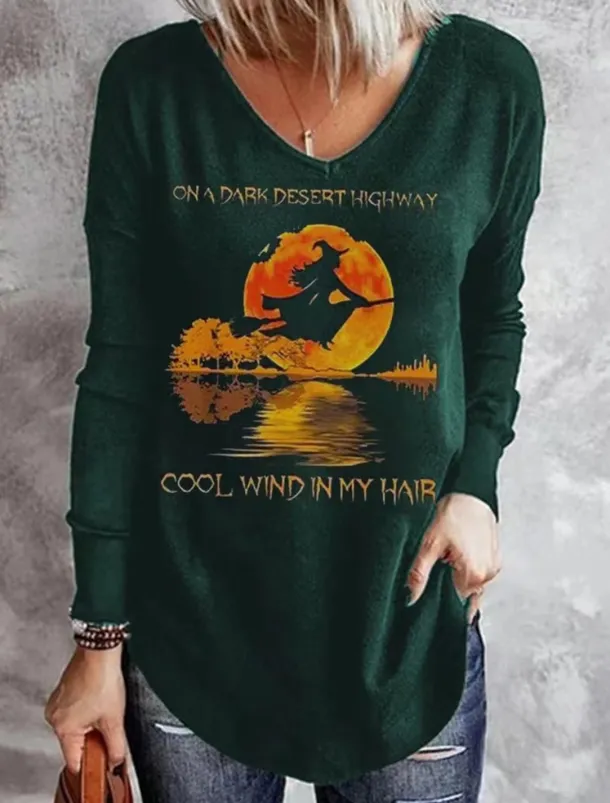 Halloween Women's T shirt Long Sleeve V Neck Long Sleeve Tunic Tee Black Blue Green Letter Ghost Print Basic Regular Loose Fit S Prefall