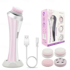 Handheld Facial Cleansing Brush With 4 Interchangeable Heads Lightweight Daily Cleansing Brush For Glowing Skin - Waterproof Facial Exfoliator