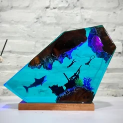 Handmade Ocean Resin Night Light, Great White Shark and Couple Diver Night Light, USB Wooden Table Lamp for Home & Office Decor, Unique Art Ornament & Christmas Gift