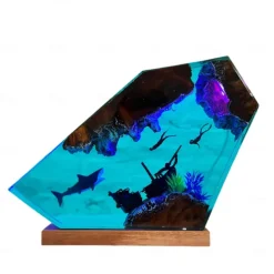 Handmade Ocean Resin Night Light, Great White Shark and Couple Diver Night Light, USB Wooden Table Lamp for Home & Office Decor, Unique Art Ornament & Christmas Gift