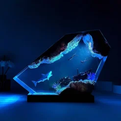 Handmade Ocean Resin Night Light, Great White Shark and Couple Diver Night Light, USB Wooden Table Lamp for Home & Office Decor, Unique Art Ornament & Christmas Gift