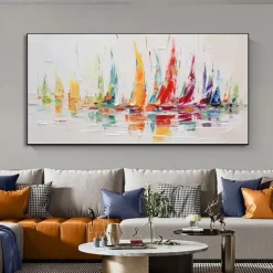 Handmade Oil Painting Canvas Wall Art Decoration Modern Abstract Sailboat Landscape for Living Room Home Decor Rolled Frameless Unstretched Painting