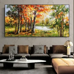 Handmade Oil Painting Canvas Wall Art Decoration Modern Beautiful Maple Forest Scenery for Living Room Home Decor Rolled Frameless Unstretched Painting