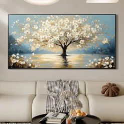 Handmade Original White Tree of Life Painting Oil Painting On Canvas Abstract Blooming Big Tree Wall Art for Home Decor With Stretched Frame/Without Inner Frame Painting