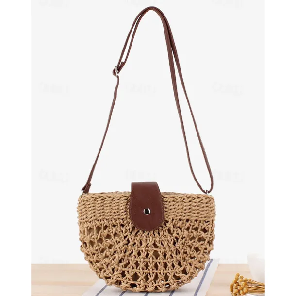 Handwoven Straw Crossbody Bag with Leather Closure - Casual Summer Beach Accessory for Women