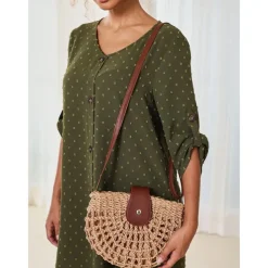 Handwoven Straw Crossbody Bag with Leather Closure - Casual Summer Beach Accessory for Women