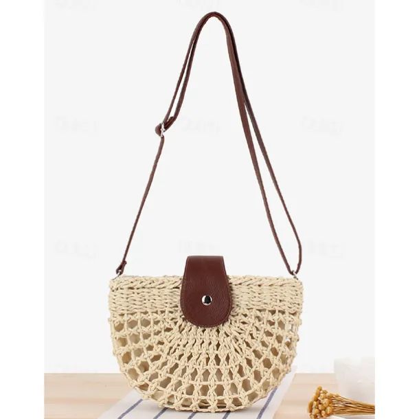 Handwoven Straw Crossbody Bag with Leather Closure - Casual Summer Beach Accessory for Women