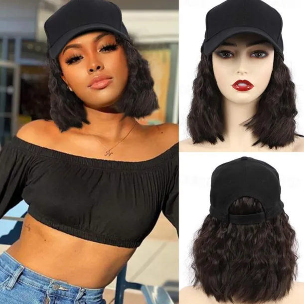 Hat Wig for Women Short Wave Baseball Cap Wig with Curly Hair Extensions Wig Synthetic Wave Wig Hat Adjustable Brown Black Baseball Hat Wig