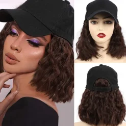 Hat Wig for Women Short Wave Baseball Cap Wig with Curly Hair Extensions Wig Synthetic Wave Wig Hat Adjustable Brown Black Baseball Hat Wig