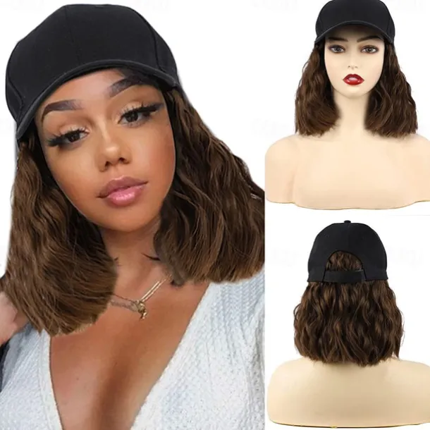 Hat Wig for Women Short Wave Baseball Cap Wig with Curly Hair Extensions Wig Synthetic Wave Wig Hat Adjustable Brown Black Baseball Hat Wig