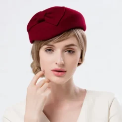 Hats 100% Wool Beret Hat Saucer Hat Wedding Tea Party Elegant Wedding With Bowknot Pure Color Headpiece Headwear