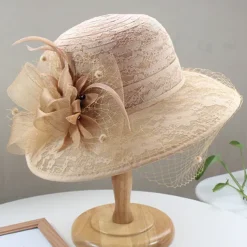 Hats Headwear Tulle Bucket Hat Straw Hat Sun Hat Casual Holiday Kentucky Derby Horse Race Ladies Day Vintage Style Elegant Lace With Feather Lace Headpiece Headwear