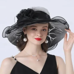 Hats Organza Sun Hat Holiday Tea Party Horse Race Cocktail Elegant Vintage Cute With Floral Headpiece Headwear